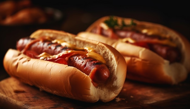 Perro caliente de carne a la parrilla en una mesa de madera rústica con ketchup generado por inteligencia artificial