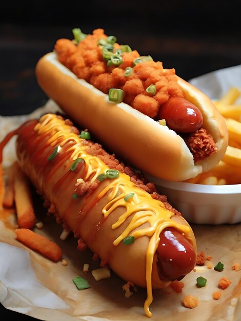 Foto perro caliente coreano batido y cocido con salchichas de maíz incrustadas en papas fritas