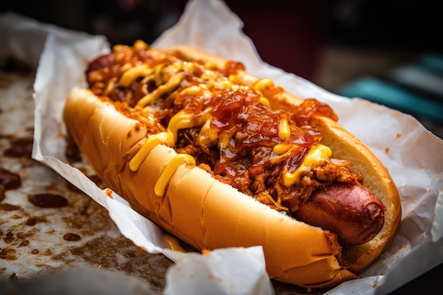 Perro caliente jugoso con papas fritas crujientes generativo IA