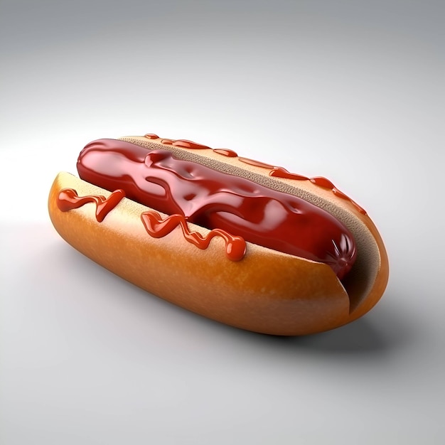 Perro caliente con ketchup en un fondo blanco renderización 3D