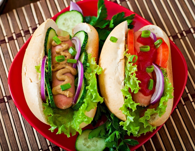 Foto perro caliente con ketchup, lechuga mostaza y verduras en una mesa de madera