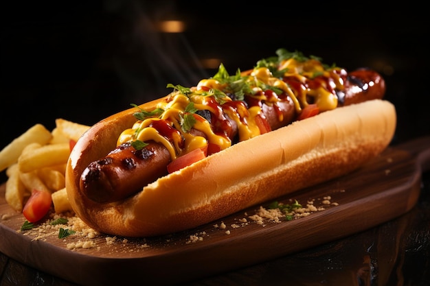 Perro caliente en mesa de madera con fondo bokeh del restaurante IA generativa