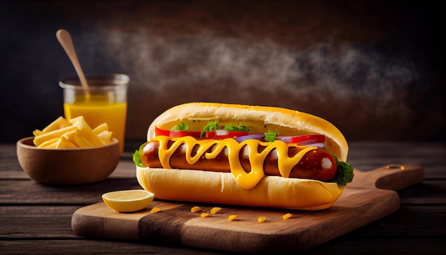 Perro caliente con mostaza y ketchup sobre fondo de madera Comida rápida IA generativa