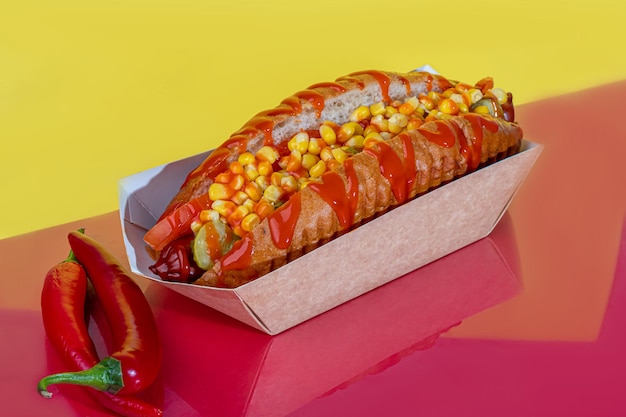 Perro caliente con salchicha en una caja de papel con tomates y chiles de maíz pepino y lechuga Sobre un fondo rojo Comida rápida