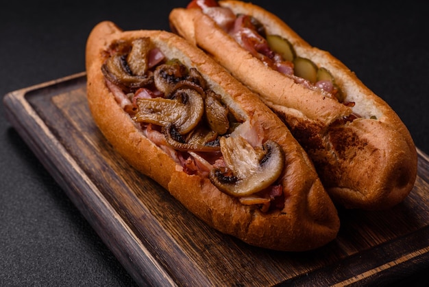Perro caliente con salchicha a la parrilla con tocino y setas