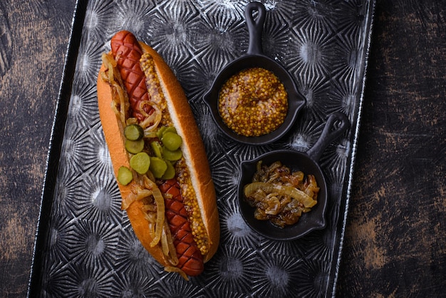 Perro caliente con salchichas comida rápida americana tradicional