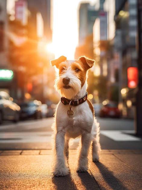 Un perro en una calle de la ciudad por la noche.