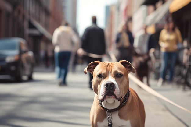 Un perro en una calle con gente caminando al fondo.