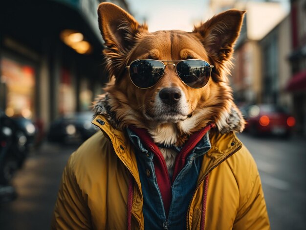 Foto el perro de la calle lleva chaqueta y gafas de sol.