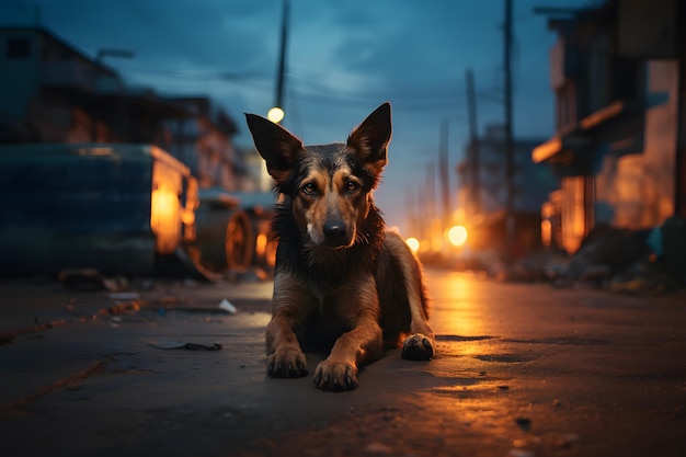 Foto perro en la calle por la noche