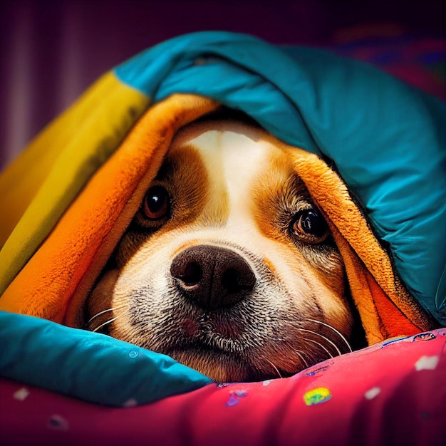 Perro en la cama cubierto de mantas