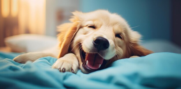 El perro en una cama está sonriendo de cerca humorístico