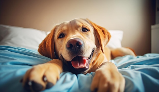 El perro en una cama está sonriendo en primer plano foto humorística