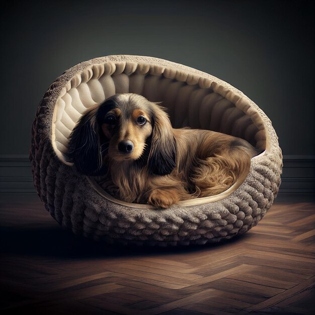 Un perro en una cama para mascotas con un diseño de cuerdas.