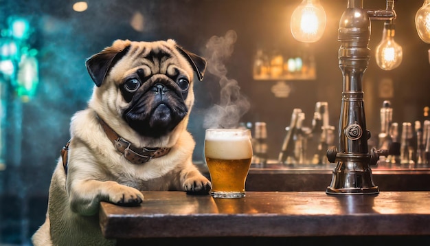 perro camarero sirviendo cerveza y whisky en el mostrador de un bar