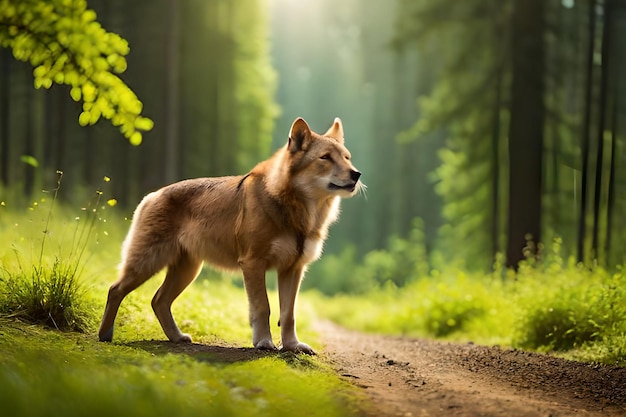 Un perro se para en un camino de tierra en el bosque.