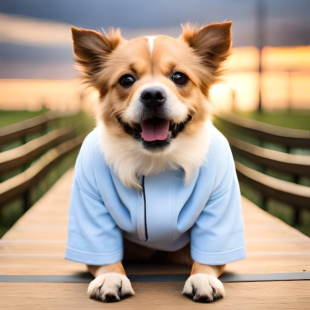 Un perro con una camisa azul que dice "amo a los perros"