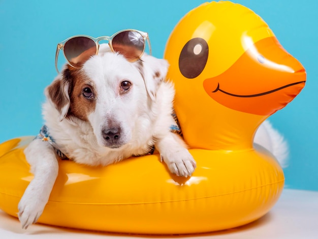 Un perro con una camisa hawaiana yace en un círculo de pato inflable amarillo Concepto de verano