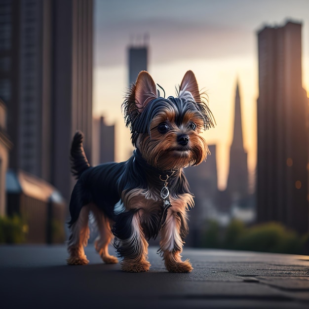 Un perro con una camisa negra que dice yorkshire terrier.