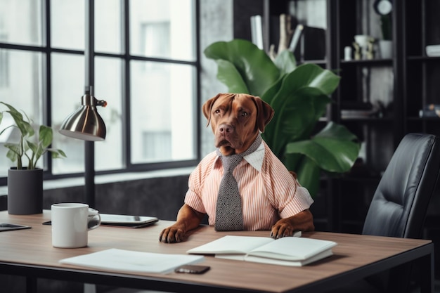 un perro con una camisa rosa y una corbata se sienta en el escritorio de la oficina un perro en la oficina con una corbata