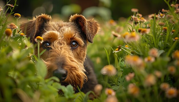 Foto un perro en un campo de flores con un fondo borroso