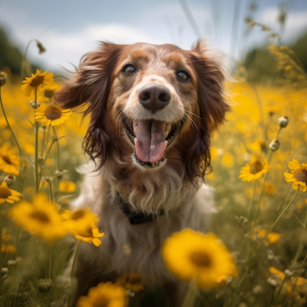 Un perro en un campo de flores con la palabra cocker spaniel.