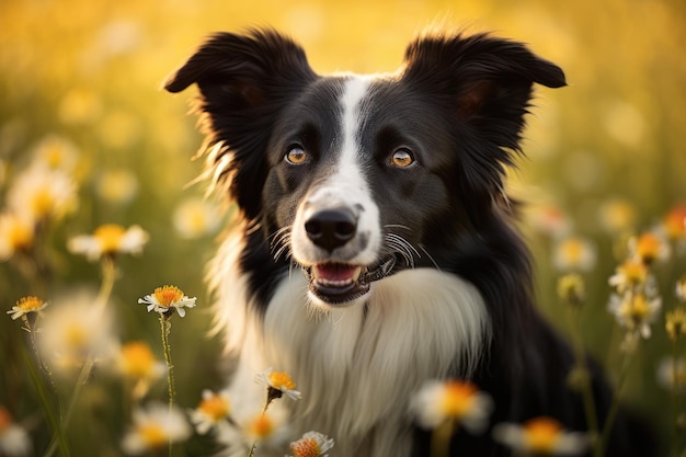 un perro en un campo de flores con las palabras "la palabra perro".