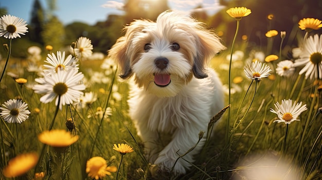 Un perro en un campo de flores con el sol detrás de él.