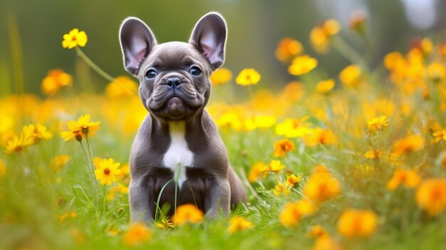 Un perro en un campo de flores.