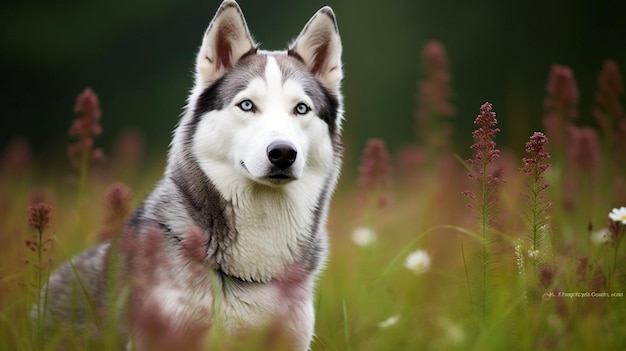 Un perro en un campo de flores.