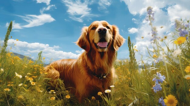 Un perro en un campo de flores