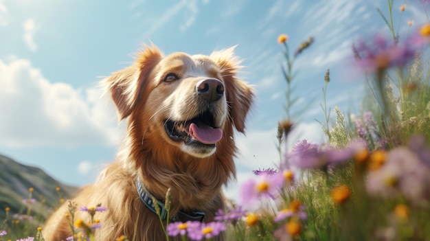 Un perro en un campo de flores