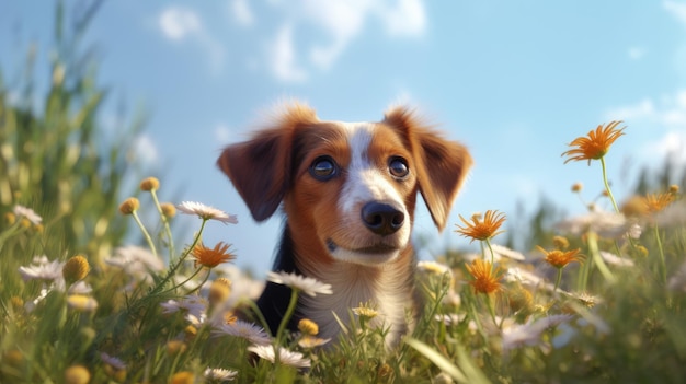 Un perro en un campo de flores