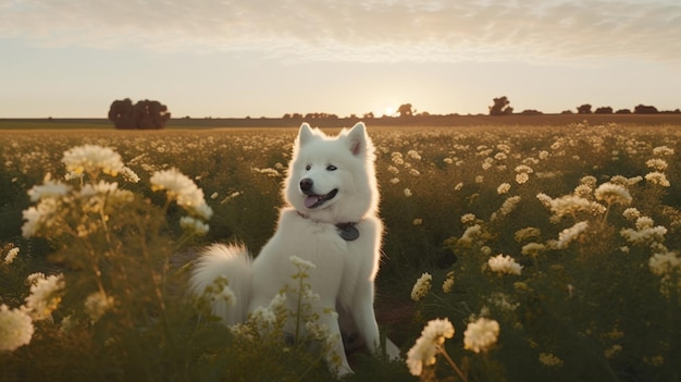 Un perro en un campo de flores.