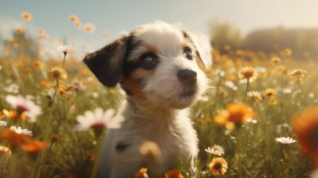 Un perro en un campo de flores.