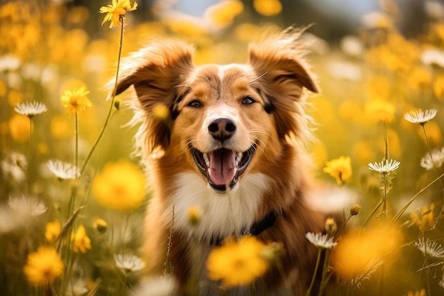 Un perro en un campo de flores.