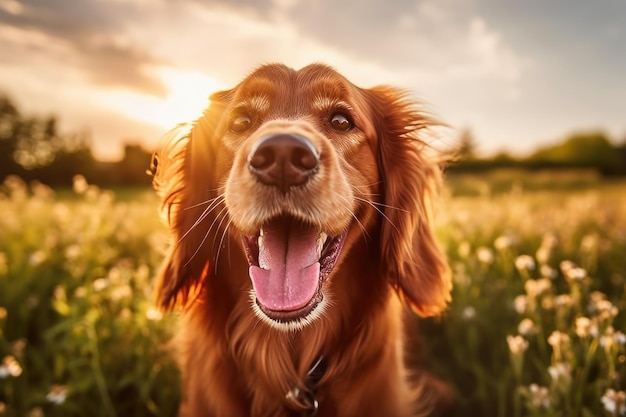 Un perro en un campo de flores.