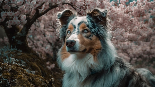 Un perro en un campo de flores.