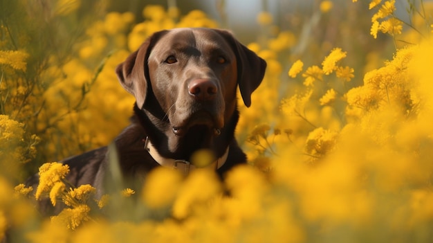 Un perro en un campo de flores.