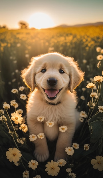 Un perro en un campo de flores.