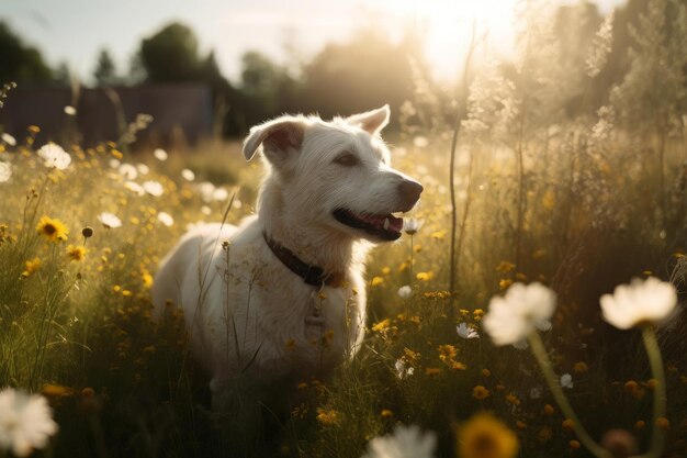 Un perro en un campo de flores.