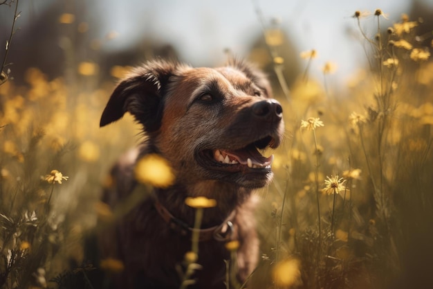 Un perro en un campo de flores.