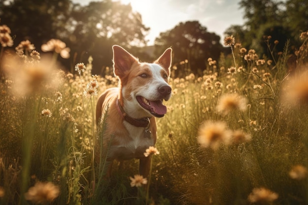 Un perro en un campo de flores.