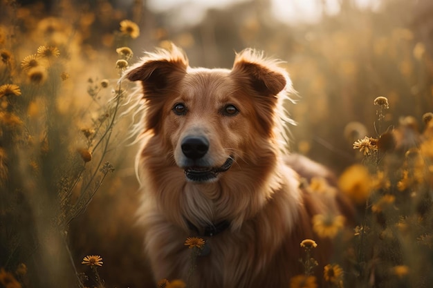 Un perro en un campo de flores.