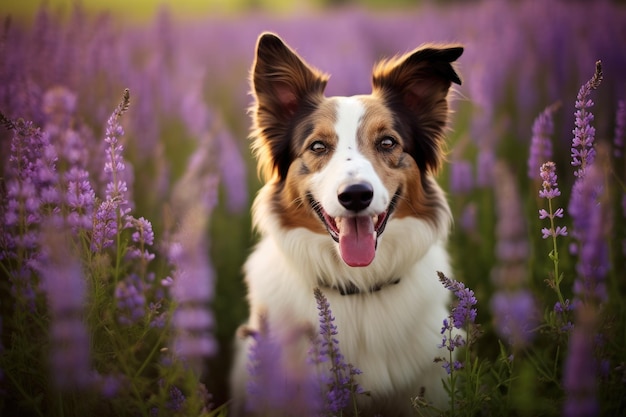 Un perro en un campo de lavanda.