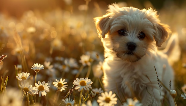 Foto un perro en un campo de margaritas con el sol detrás de él