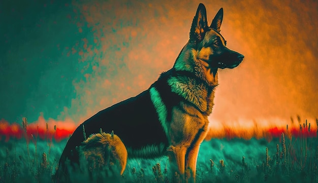 Un perro en un campo con una puesta de sol detrás