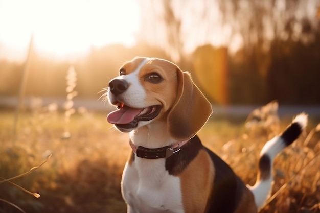 Un perro en un campo con el sol brillando en su rostro.