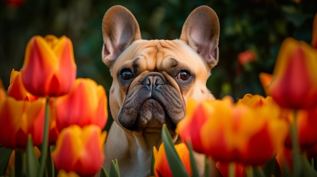 Un perro en un campo de tulipanes.