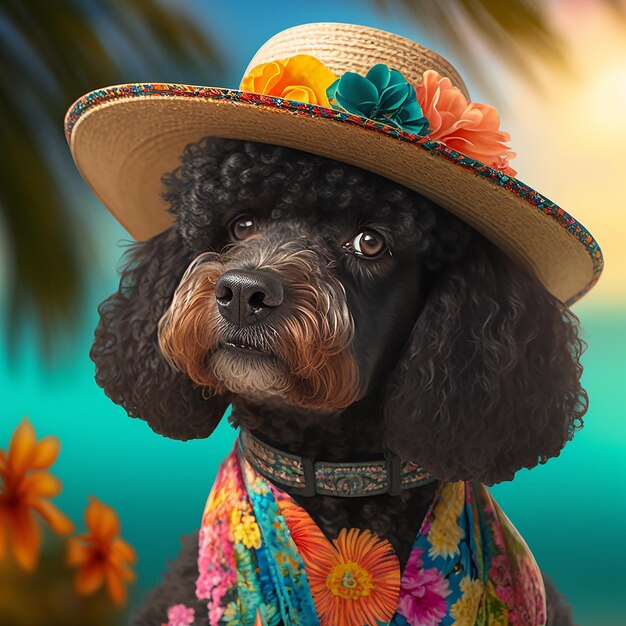 Perro caniche cachorro en flores hawaianas flores en flor trajes en playa de arena